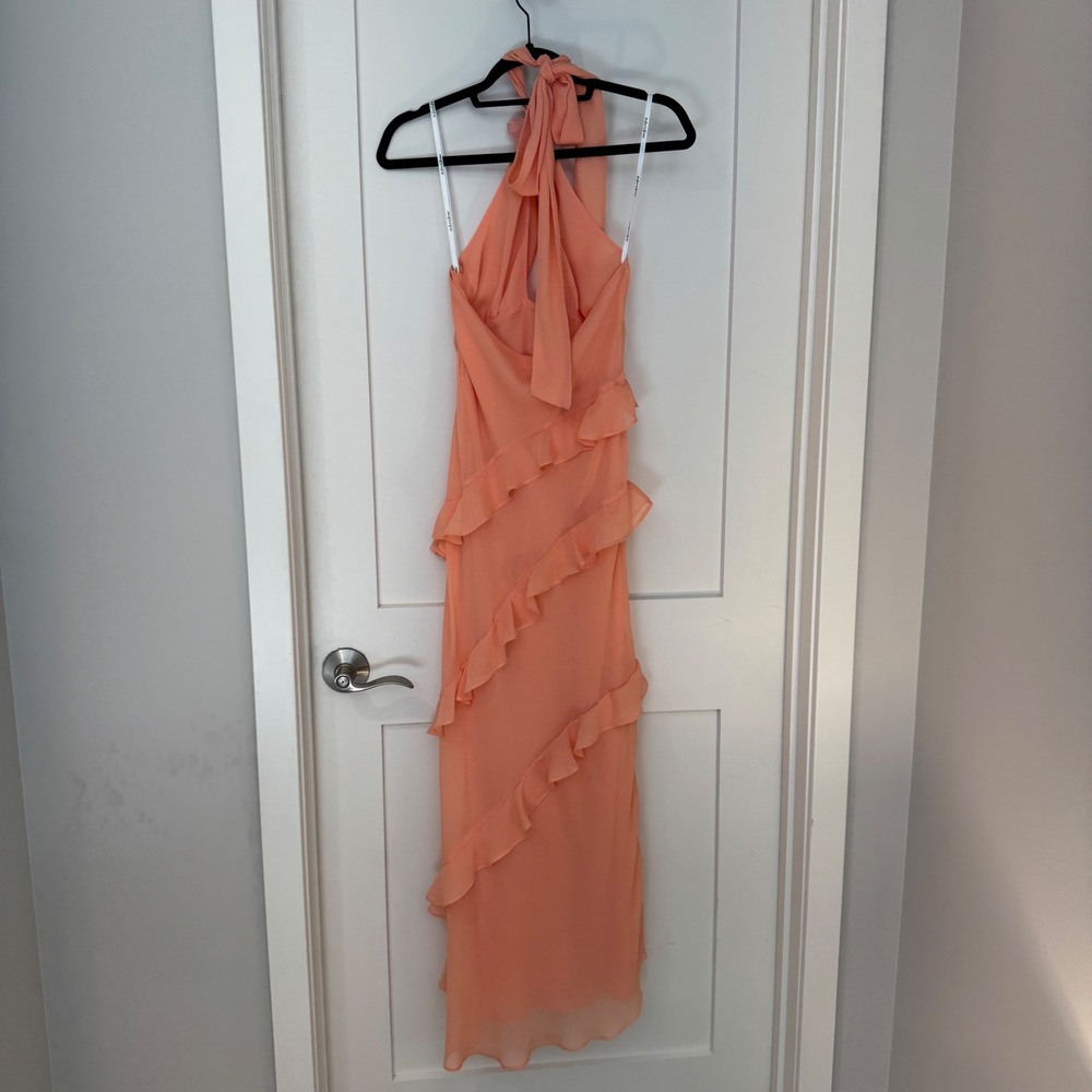 For Love & Lemons Nuuly Peach Ruffle Halter Midi Dress Floral Applique Small